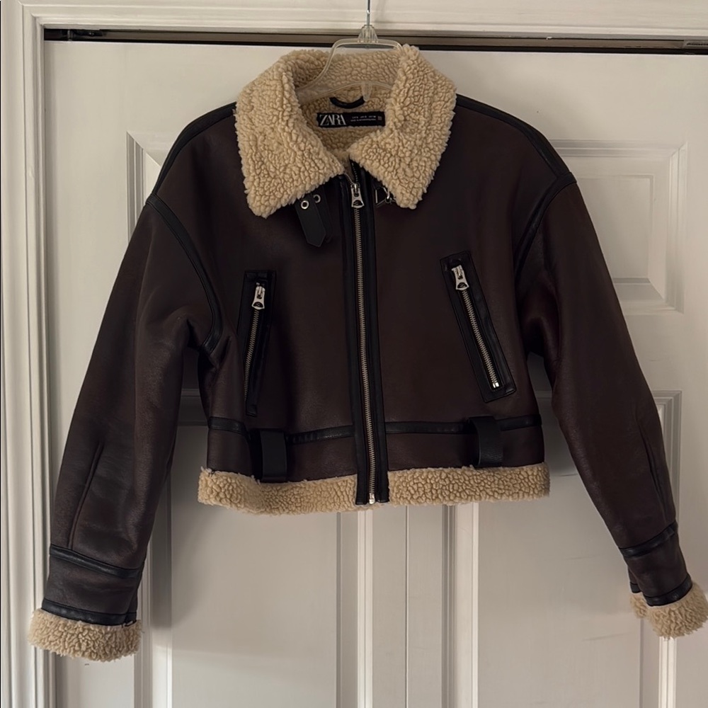 Brown and Cream Leather Jacket with Sherpa Trim